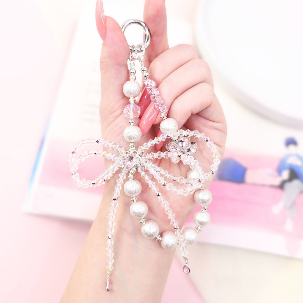 Handmade Womens Elegant Pink Beaded Bow Keychain Charm